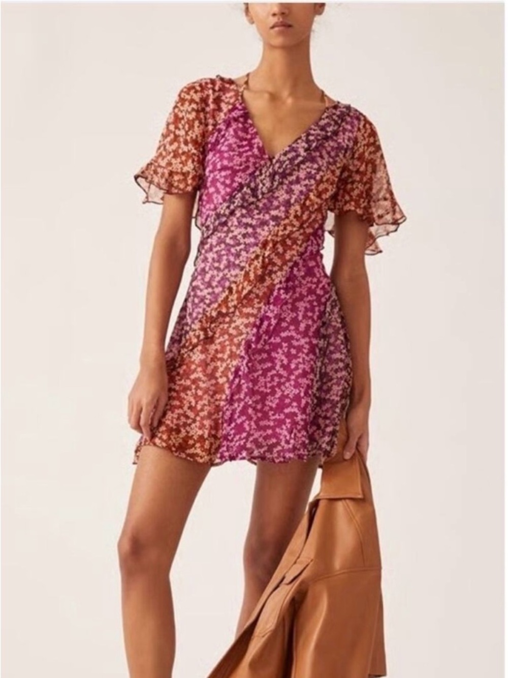 Two-Tone Floral Wrap Mini Dress in Magenta and Rust